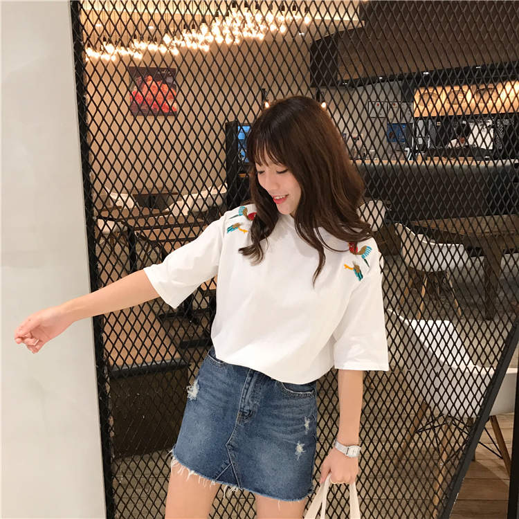 夏季新款韓版寬松圓領飄帶字母刺繡粉色t恤女短袖學生百搭上衣潮