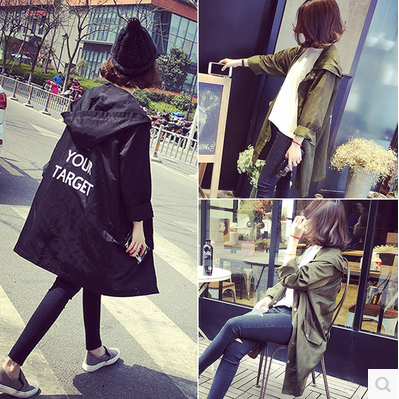 2017春季新款韓版寬松連帽字母印花收腰中長款外套女薄款休閑風衣